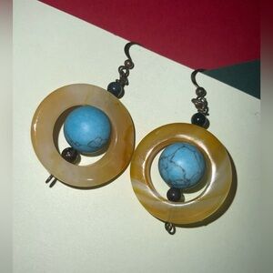 Chic Handmade Gold and Blue Turquoise & Agate Dangle Earrings